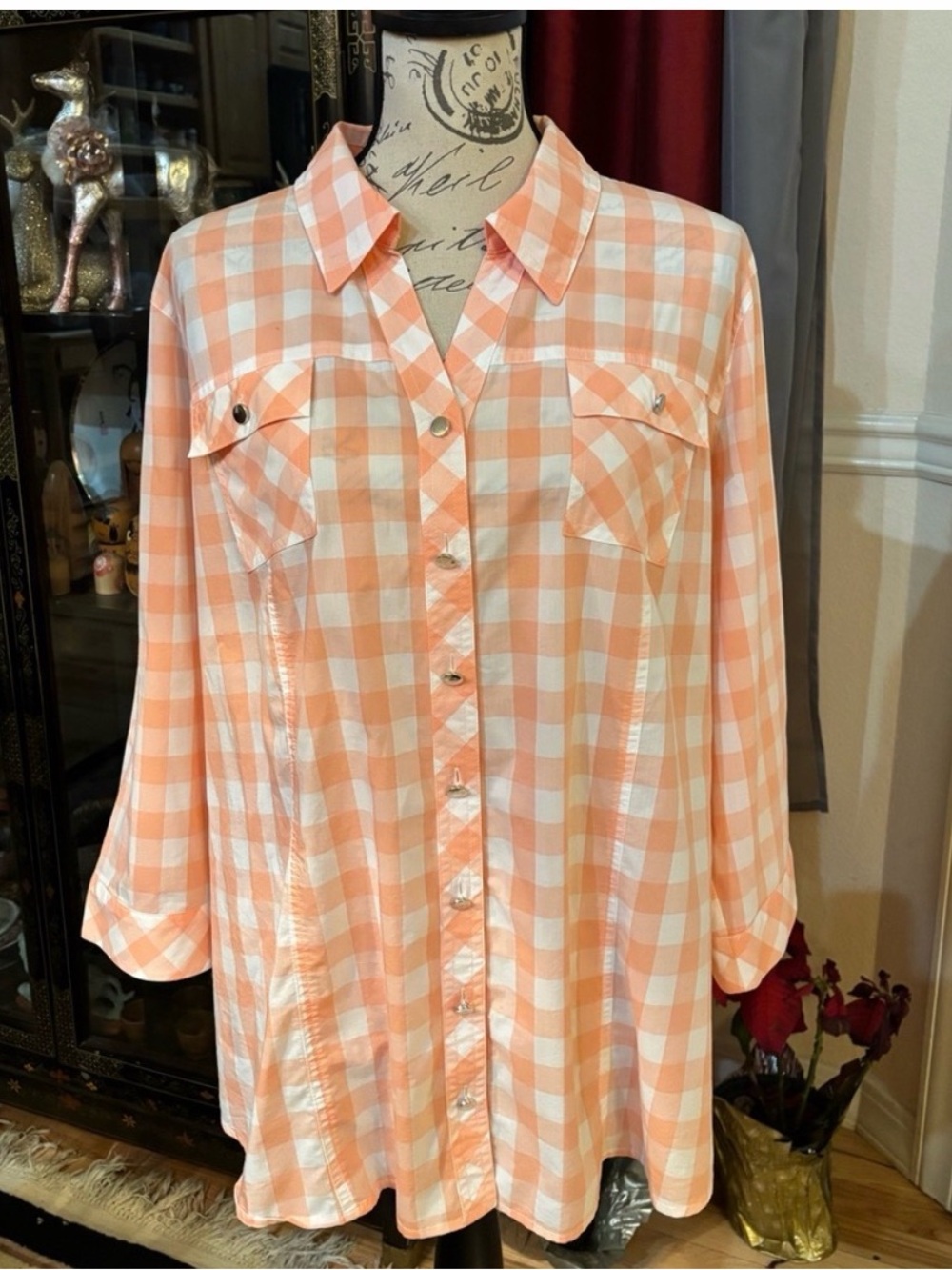 CJ Banks Gingham Plaid Button Down Blouse